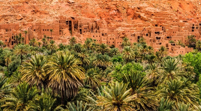 V rdečo goro vklesana vas nad nasadom datljevih palm. 