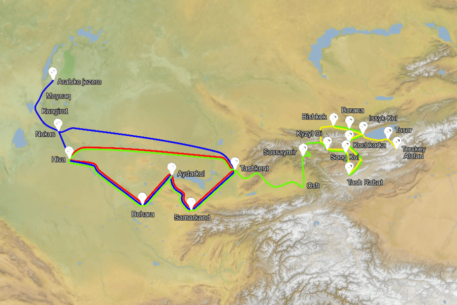 Centralna Azija zemljevid potovanj