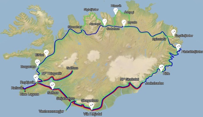 Islandija zemljevid potovanj