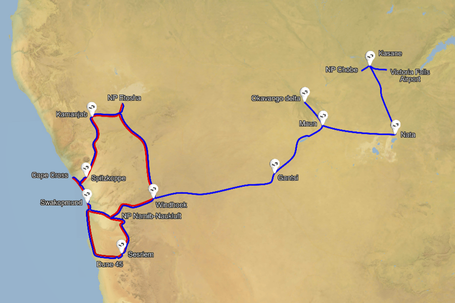Namibija Bocvana zemljevid potovanj