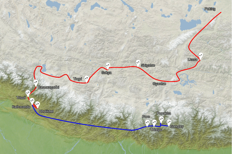 Nepal Tibet Butan zemljevid potovanj