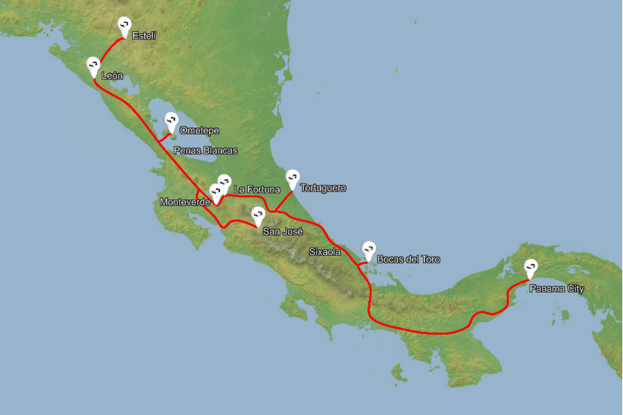 Nikaragva Kostarika Panama zemljevid potovanj