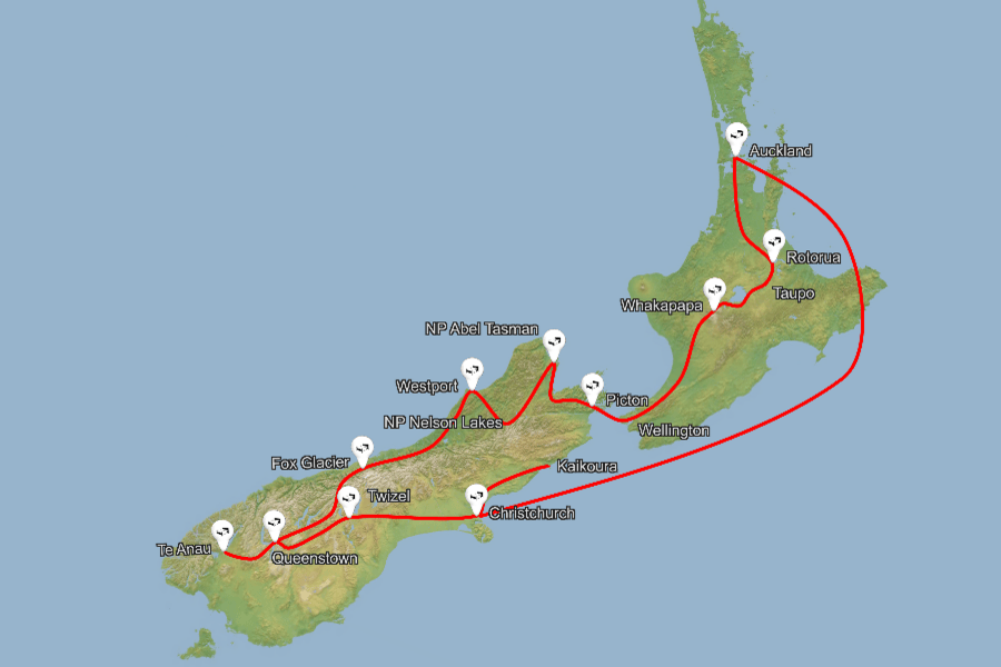 Nova Zelandija zemljevid potovanj