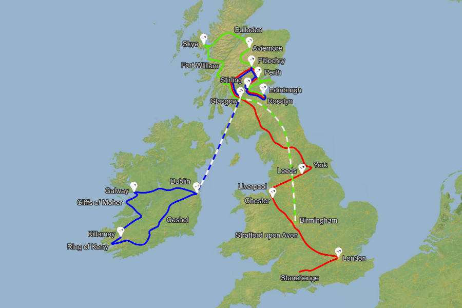 Skotska in Anglija zemljevid potovanj