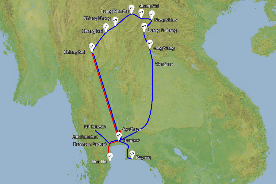Tajska in Laos zemljevid potovanj