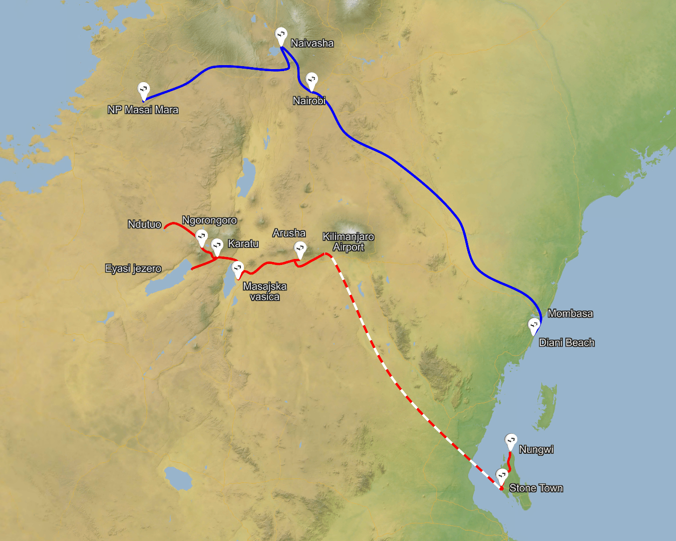 Tanzanija Zanzibar Kenija zemljevid potovanj