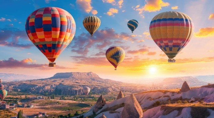 Polet pisanih balonov na vroči zrak ob sončnem vzhodu.