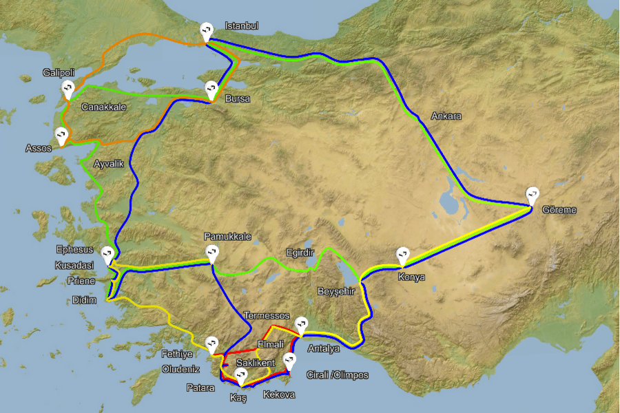 Zahodna Turčija zemljevid potovanj